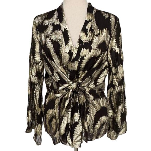 NWT Kaktus Black & Gold Sheer Shimmer Dressy Blouse Tie Waist, Wm’s Large - Picture 1 of 9